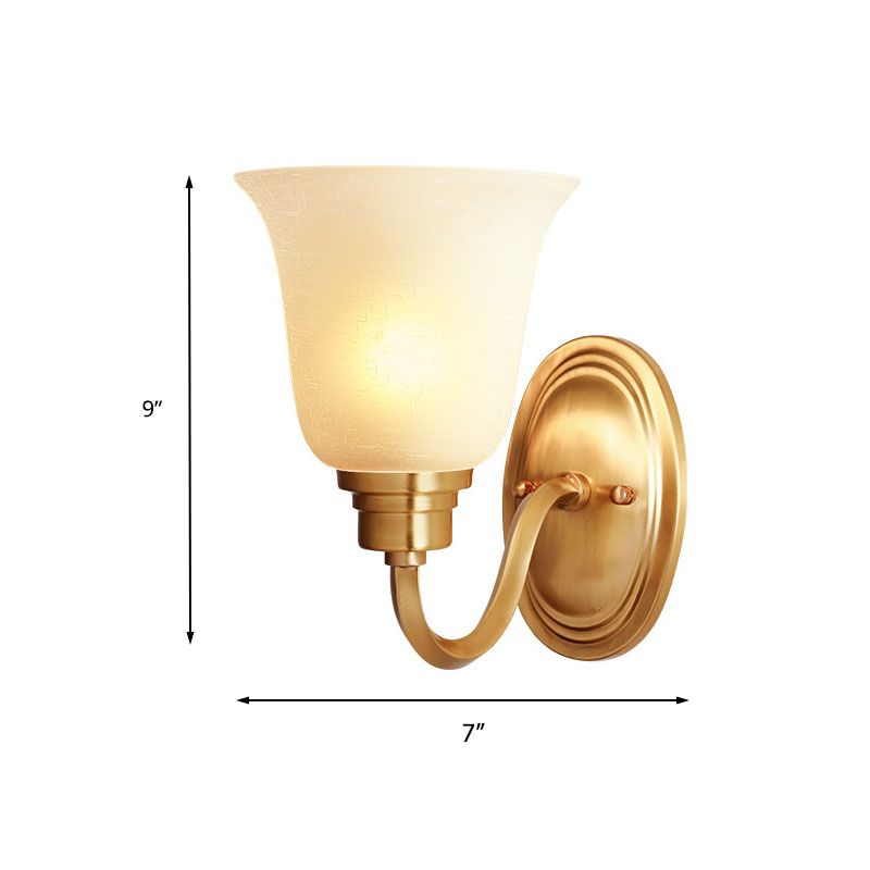 Brass Bell Wall Light Fixture Retro White Glass Shade 1-Light Living Room Wall Lamp with Arched Arm