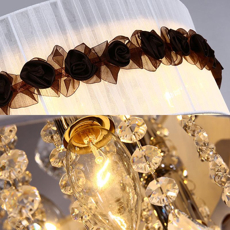 Fabric Circle Flushmount Lighting Vintage 6 Lights Bedroom Flush Ceiling Light with Crystal Bead Decoration in White