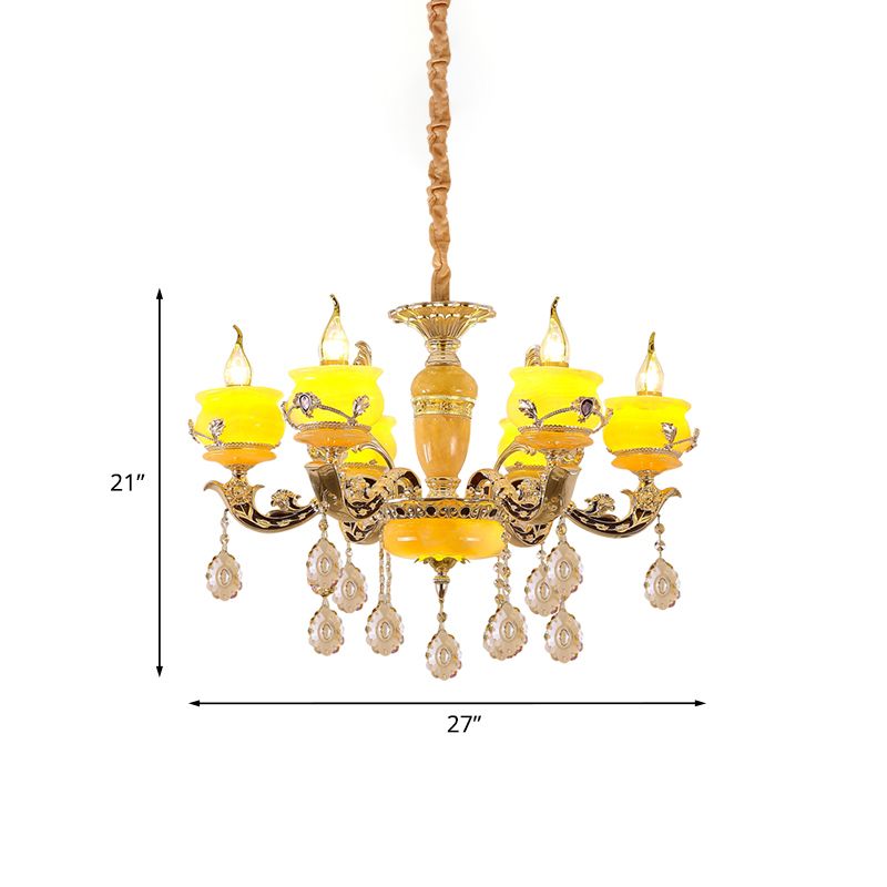 6/8 Lights Jade Ceiling Chandelier Antique Gold Candelabra Dining Room Pendant with Dangling Crystal