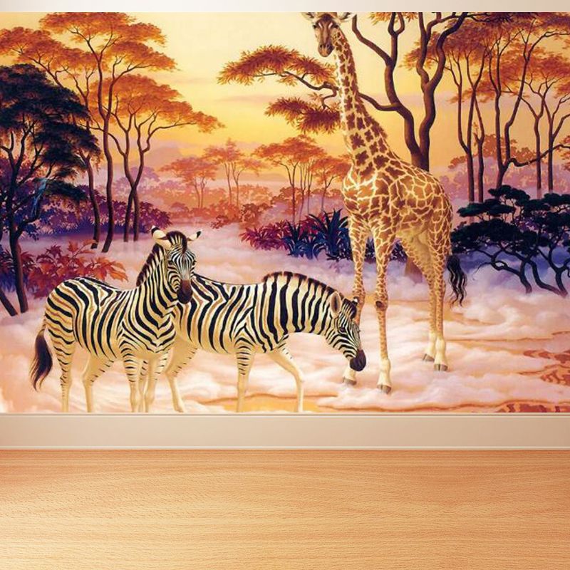 Full Size Illustration Tropical Mural with Zebra and Giraffe in Yellow, Made to Measure
