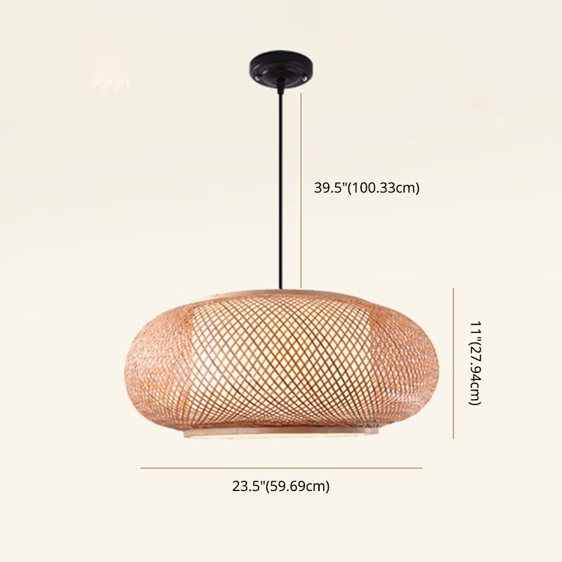 Farmhouse Natural Bamboo Pendant Lighting 1 Light Round Drum Dining Room Hanging Lamp in Beige