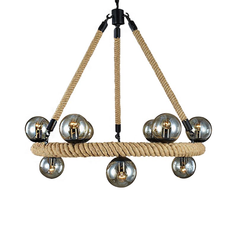 Beige 9 Lights Chandelier Light Fixture Industrial Rope Spherical Pendant Lamp for Dining Room with Glass Shade