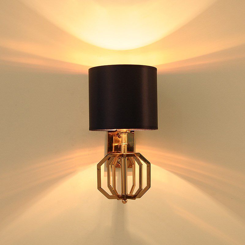 Metal Cylinder Wall Sconce Vintage 1-Bulb Bedroom Wall Light Fixture with Fabric Shade in Blue