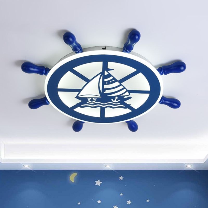 Nautical Rudder Flushmount Lighting Acrylic Boys Bedroom LED Close to Ceiling Lamp in Blue, Warm/White Light