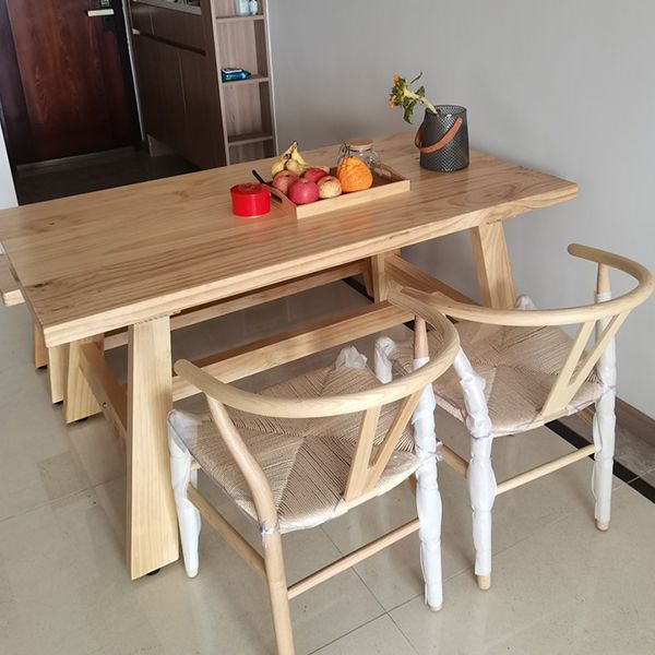 Rectangle Pine Wood Dining Table Modern Table in Nature with Wooden Trestle Base