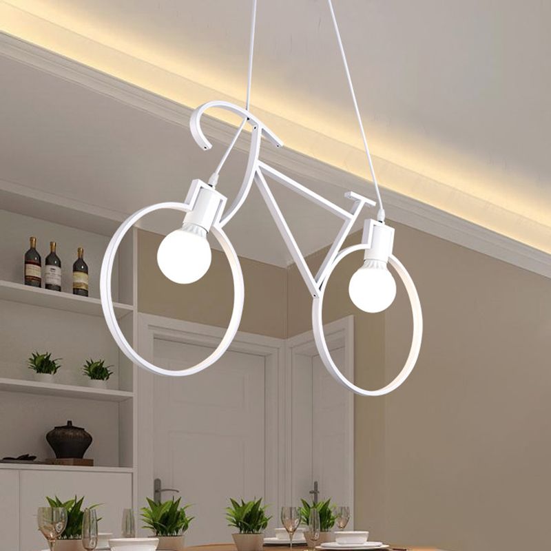 Black/White City Bike Hanging Light Kids 2-Light Iron Suspension Pendant with Open Bulb Design