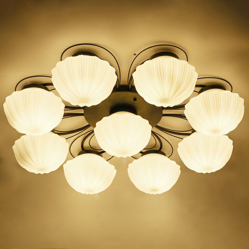 Ribbed Cream Glass Black Flush Mount Chandelier Bowl Classic Semi Flush Light Fixture for Dining Room