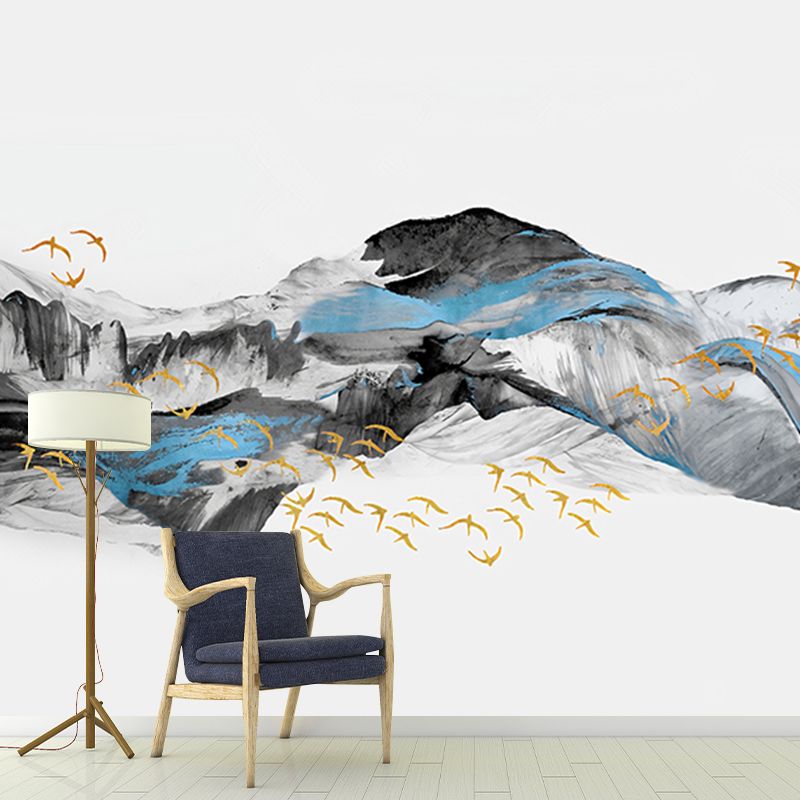Full Size Chinese Mural Wallpaper Blue and Grey Wild Goose and Veil Wall Covering, Customized Size Available