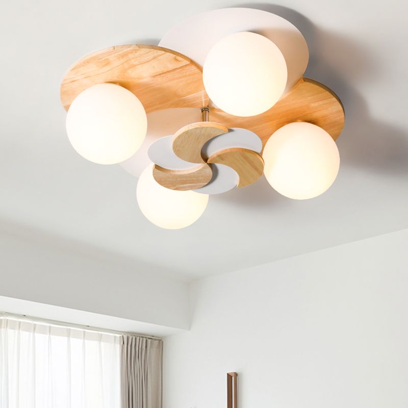 Nordic Windmill Wood Semi-Flush Mount Lighting 4 Bulbs Ceiling Fixture for Bedroom in Green/White
