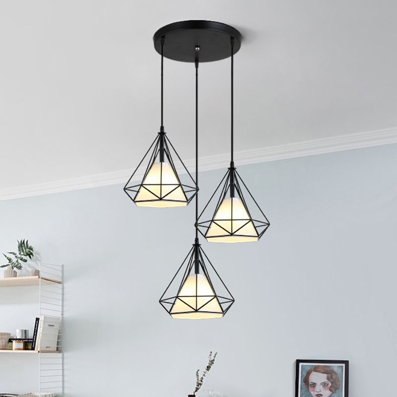 3 Heads Hanging Pendant Light with Diamond Cage Shade Metal Industrial Dining Room Ceiling Lamp in Black