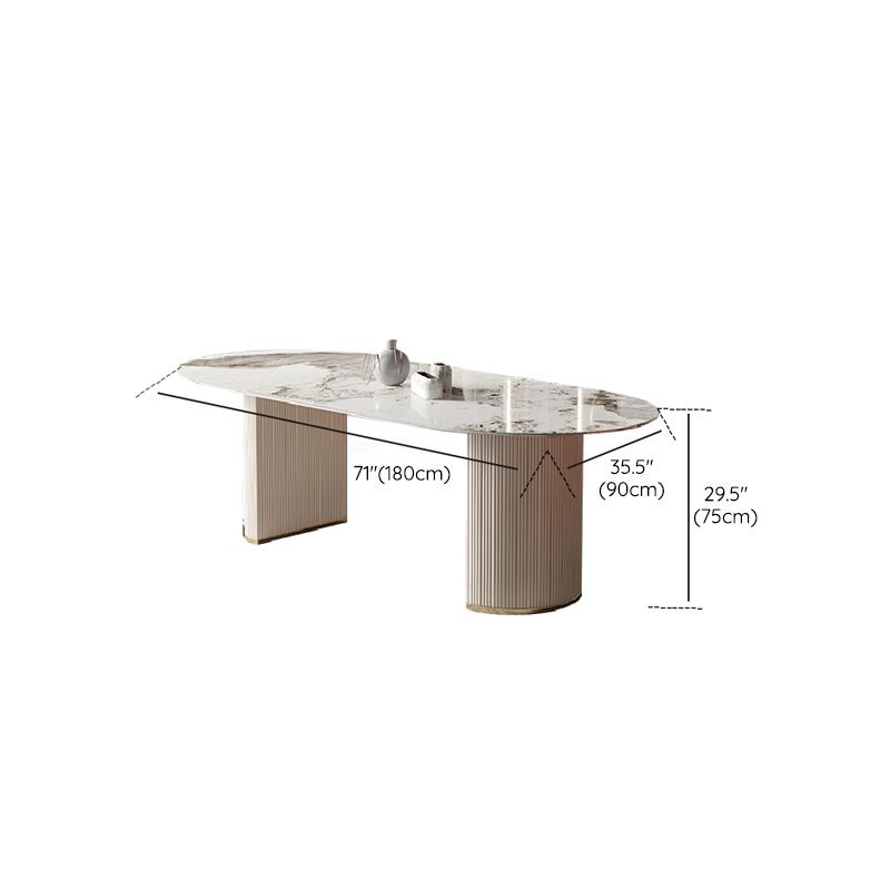 Glam Oval Dining Table Stone Top Dining Table with Double Pedestal in White