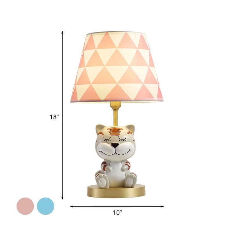 Conical Triangle-Print Fabric Table Light Kids Single Bulb Pink/Blue Night Stand Lamp with Resin Tiger Base