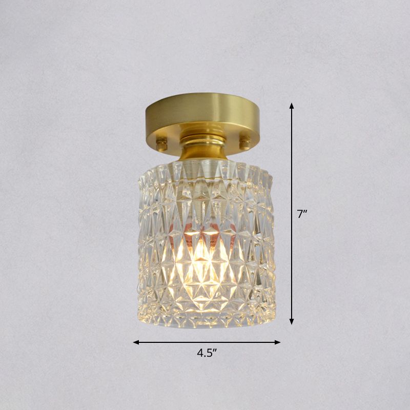 Brass Finish 1-Head Ceiling Mounted Light Minimalist Carved Glass Shaded Semi Flush Mount Lamp for Corridor