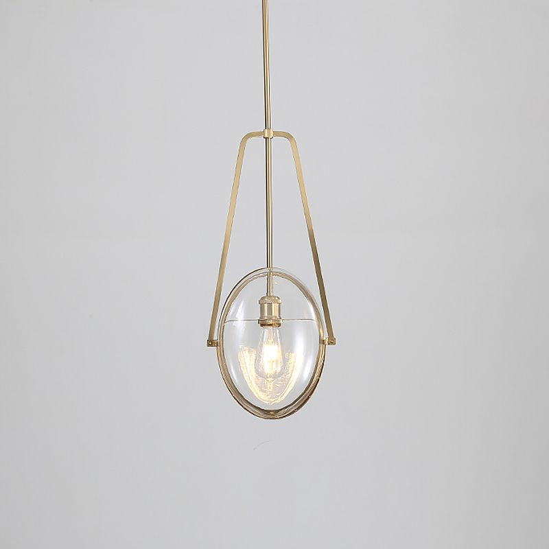 Brass Oval Pendant Light Contemporary 1-Light Clear Glass Ceiling Lamp with Forked Halberd Frame