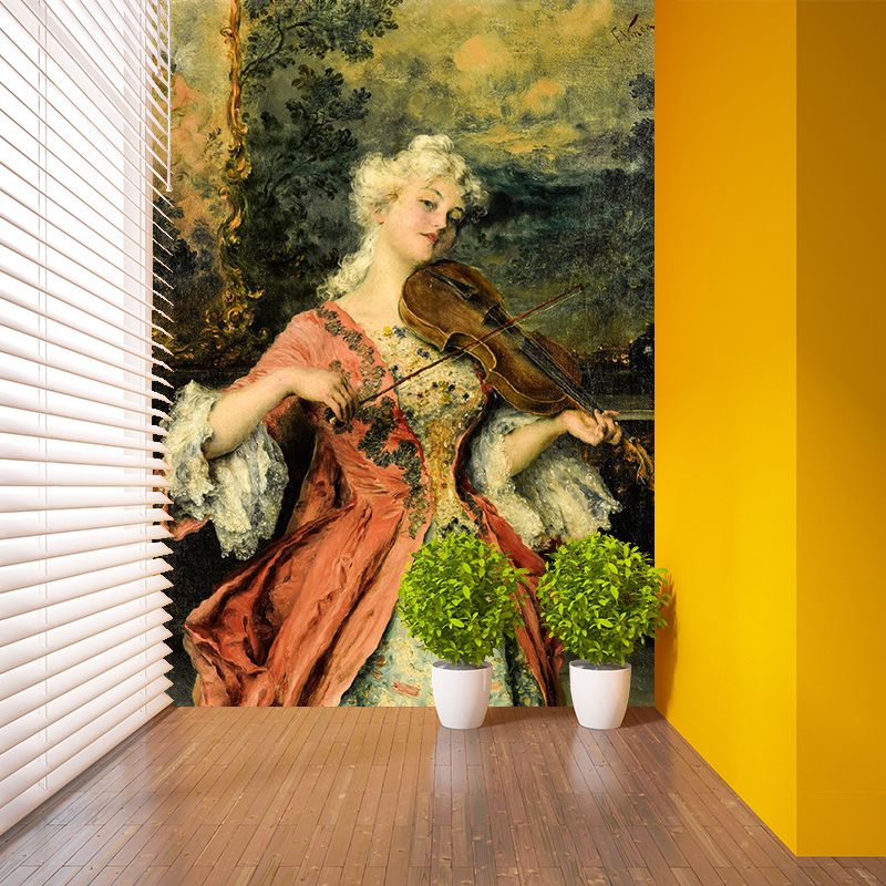 Lady Playing Violin Drawing Murals Red Brown Victorian Style Wall Art for Home Decor