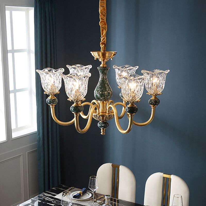 Traditional Flared Ceiling Lighting Carved Glass Chandelier Light Fixture with Ruffle Edge in Brass