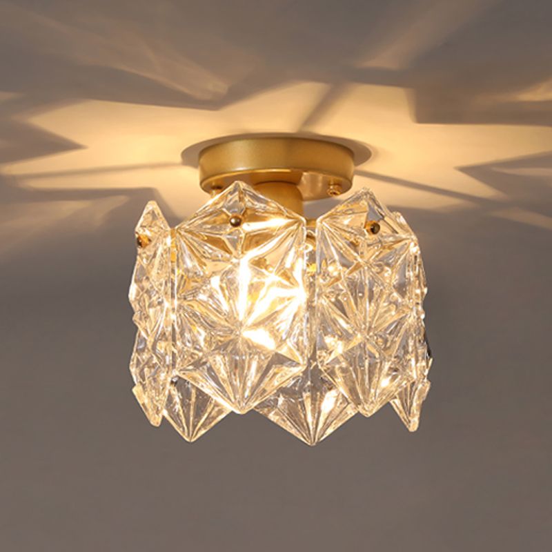 Drum Shape Flush Ceiling Lights Modern Style Glass 1 Light Flush Mount Fixture in Gold