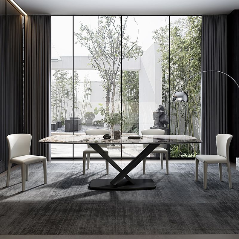 Modern Rectangular White Top Dining Table with Black Metal X-Base