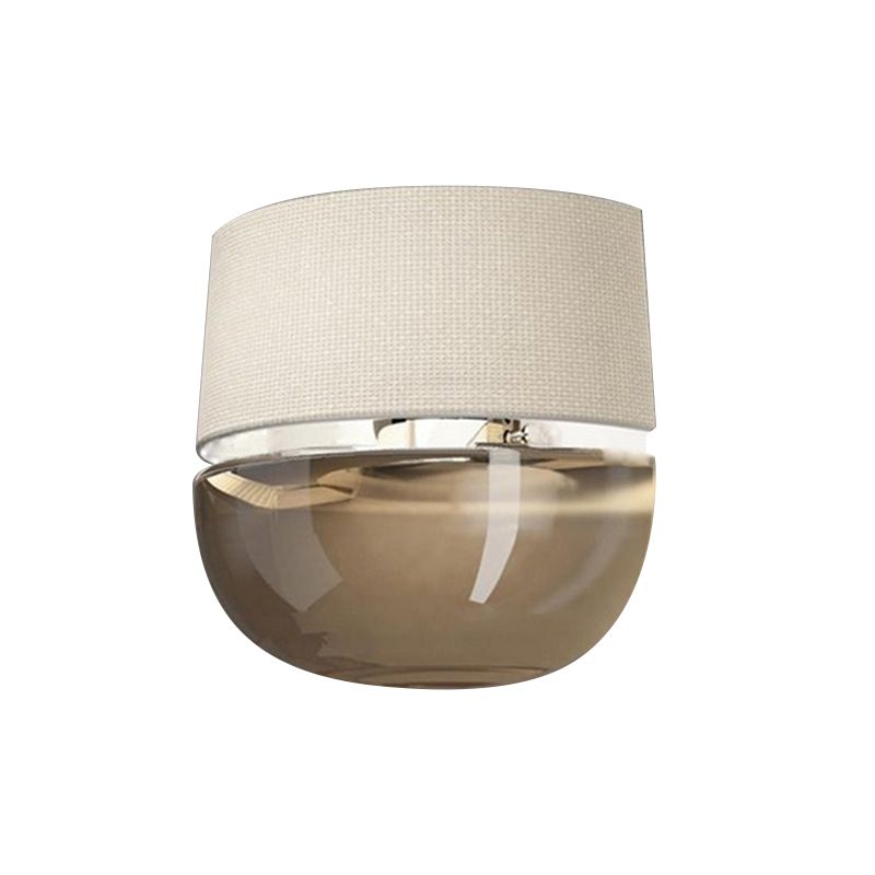 Modern Arched Wall Sconce Grid Pattern Fabric 1-Light Bedside Wall Mount Fixture in White with Bowl Tan Glass Bottom