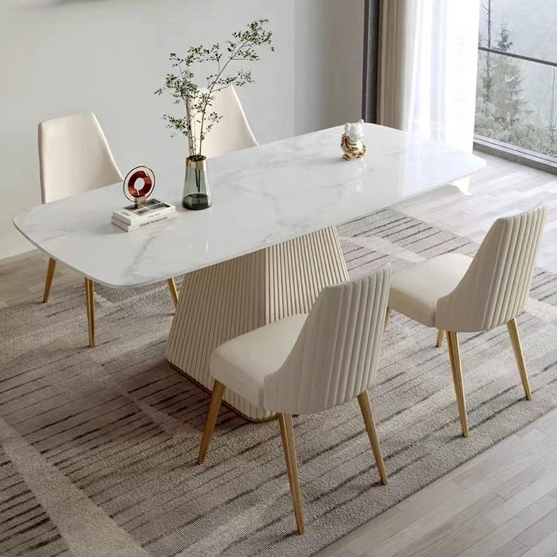 Minimalist Sintered Stone Dining Set for 4/6 Table Set of Metal Gold Base and PU Leather Chairs