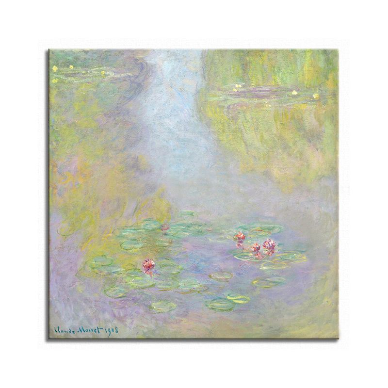 Green Lotus Flowers Scenery Canvas Textured French Rustic Style Bathroom Painting