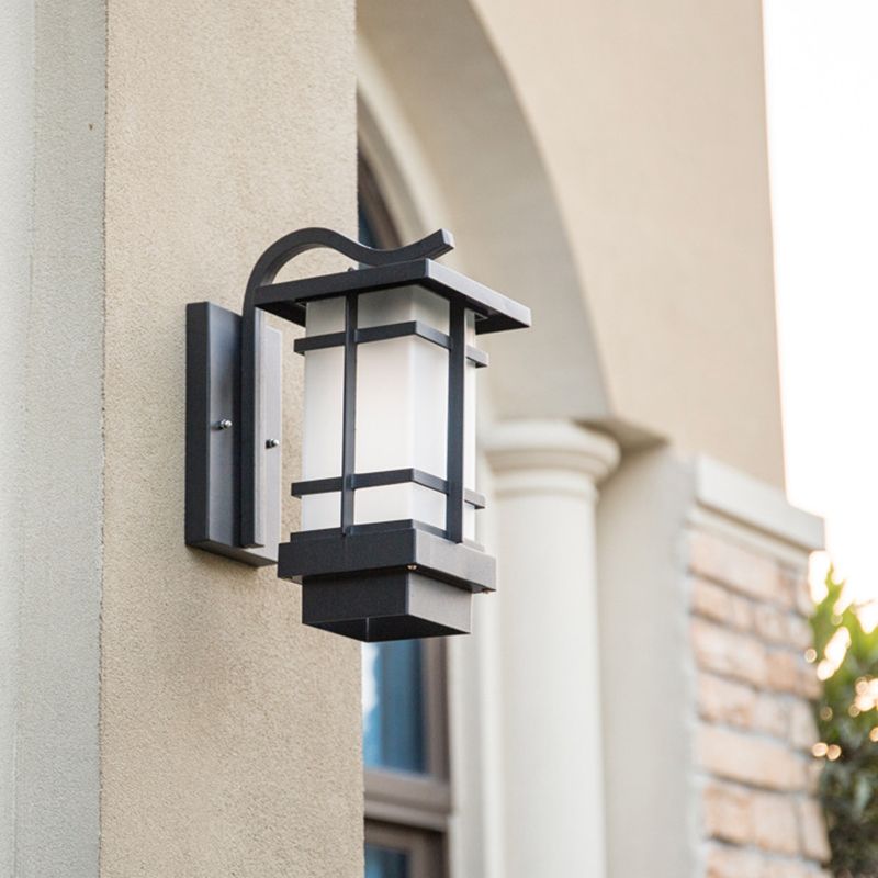 Black Retro Metallic Wall Sconce with Gooseneck Arm Rectangle Milk White Shade Waterproof Wall Lamp