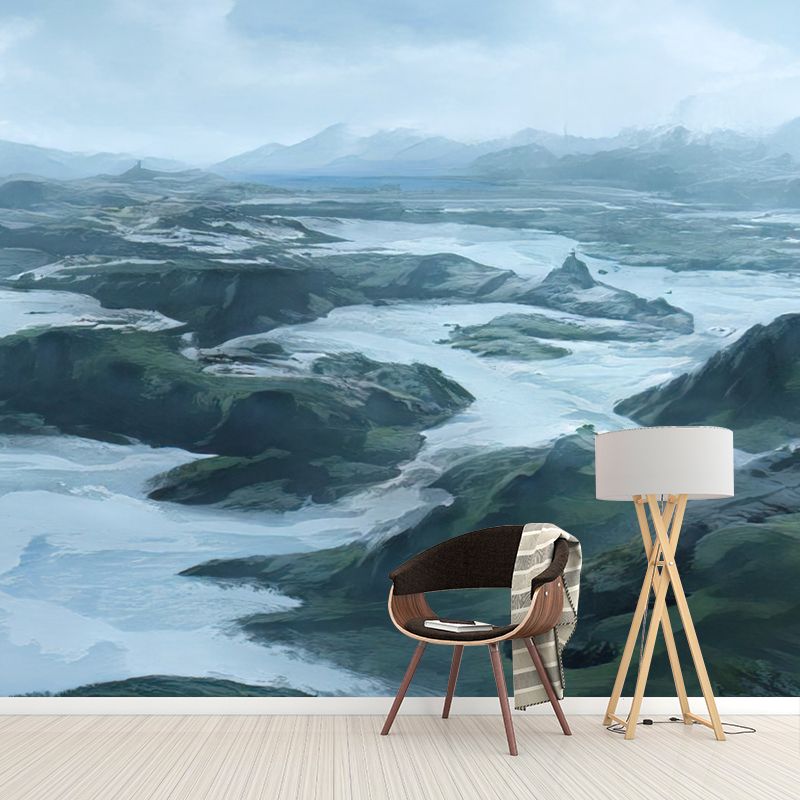 Mountain Landscape Illustration Mural Wallpaper Water-Resistant Wall Art for Sitting Room
