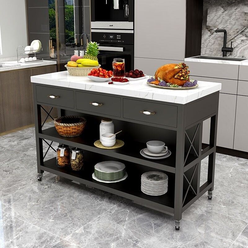 Rectangle Prep Table with Storage Modern Island Table for Kitchen