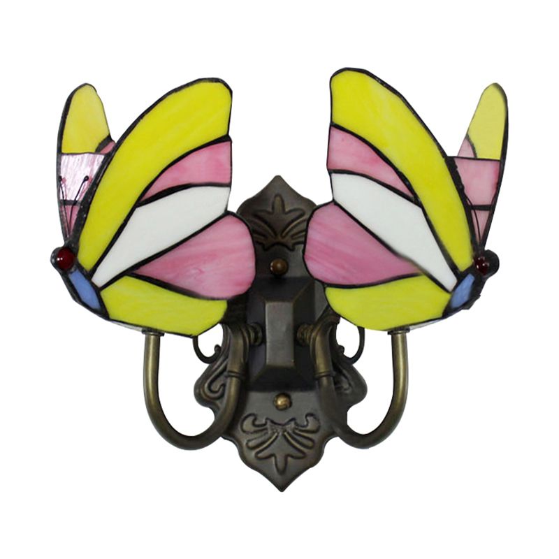 Butterfly Wall Mount Fixture Country Stained Glass 2 Lights Wall Sconce Lamp Fixture for Living Room