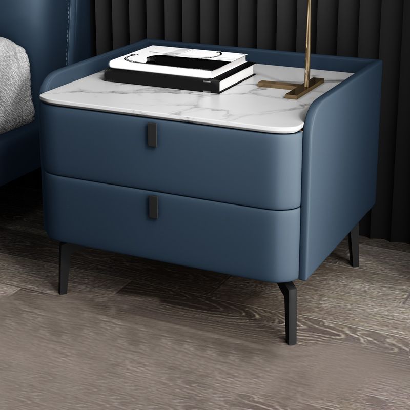 Modern 20-inch Tall Solid Wood Night Table 2-Drawer Stone Top Nightstand