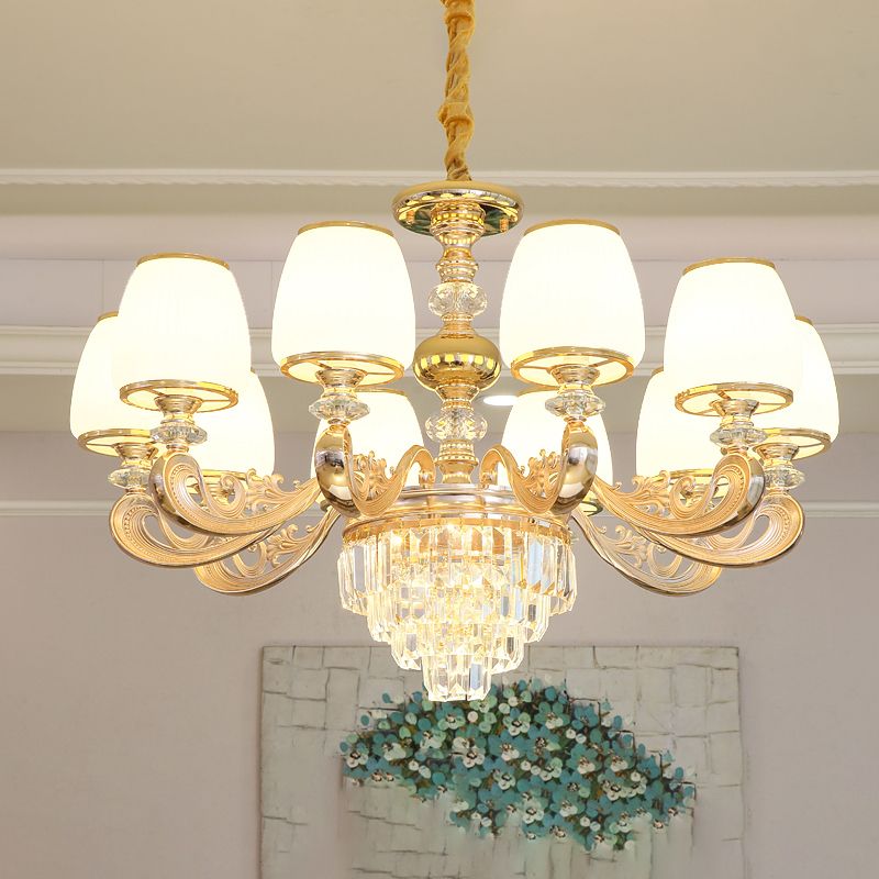 Barrel White Frosted Glass Chandelier Lighting Classic Bedroom Pendant Light with Tiered Crystal Accent