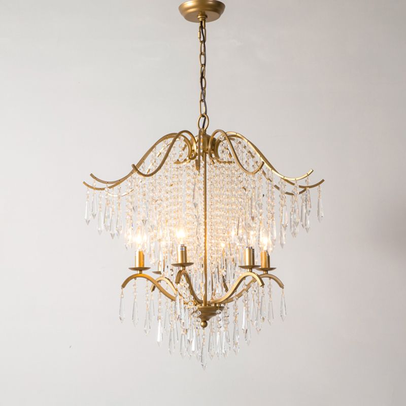 Candle Chandelier Light Fixture Traditional Gold Clear Crystal Tassel Hanging Light Fixture