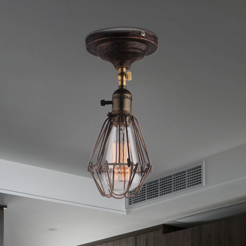 Plafonnier semi-encastré en cage en fer forgé, style ferme, élégant, 1 lumière, luminaire de plafond pour chambre à coucher, rouille/argent vieilli