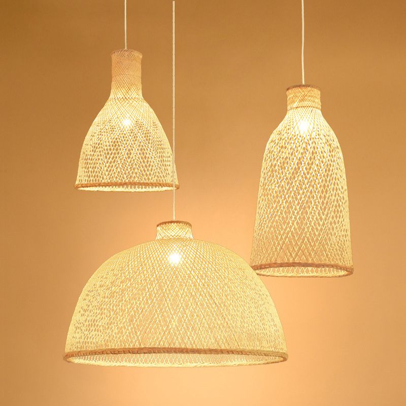 Handmade Bamboo Suspension Lighting Minimalist 1 Head Wood Pendant Ceiling Light for Tea Room