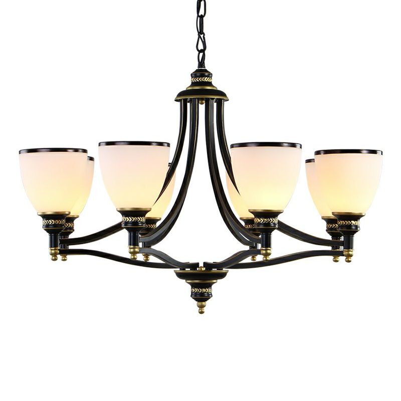 Bell Living Room Ceiling Lighting Traditional Opal Glass Black Chandelier Light Fixture