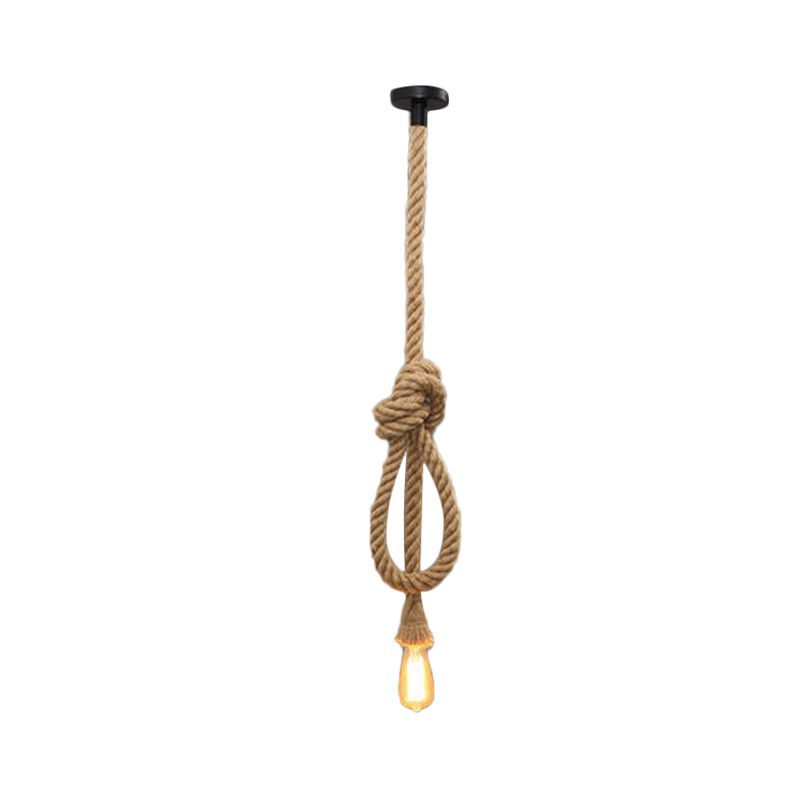 Hemp Rope Knot Brown Hanging Lamp Bare Bulb Design 1 Head Farmhouse Ceiling Pendant Light