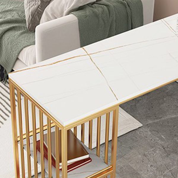 Glam Rectangle Pub Table for Living Room Glossy White Stone Top Bar Table with Storage