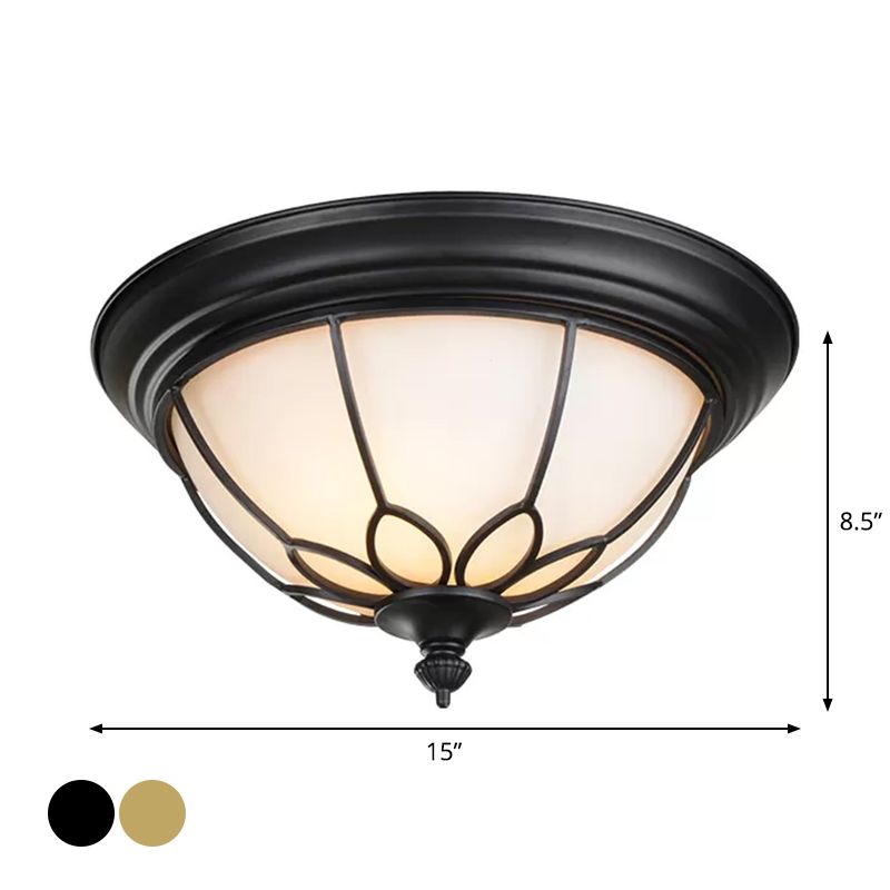 6"/7"/8.5" W Retro Hemisphere Flush Light Opal Frosted Glass LED Flush Mount Ceiling Lamp with Cage Guard in Black/Gold