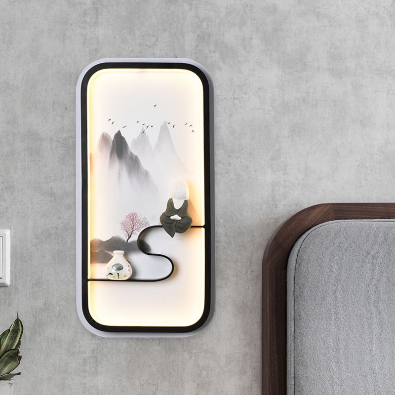 Ink Painting Mountain Mural Lamp Chinese Ceramic Black LED Wall Lighting Fixture