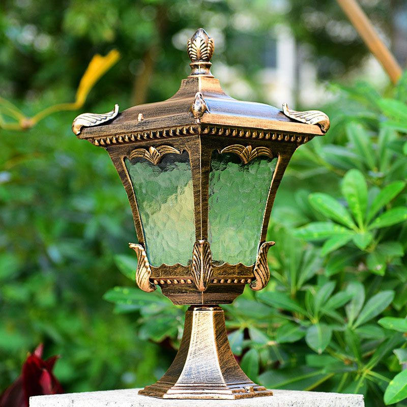 1 Bulb Post Lighting Vintage Flared Square Ripple Glass Landscape Lamp for Outdoor