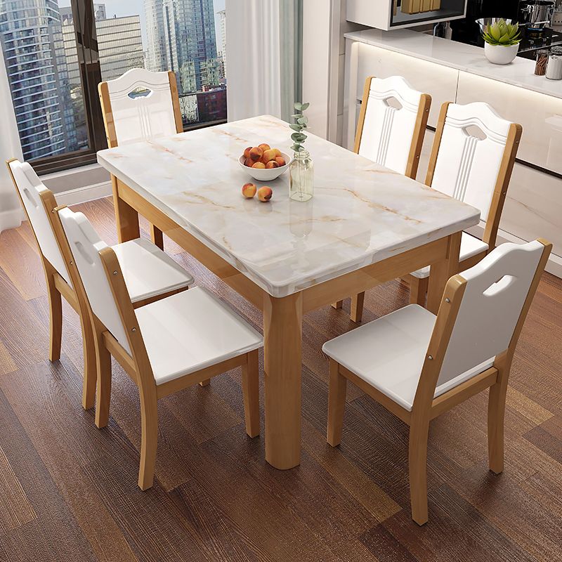 Minimalist Marble Dining Set with Rectangle Table White Dining Set with 4 Legs Base