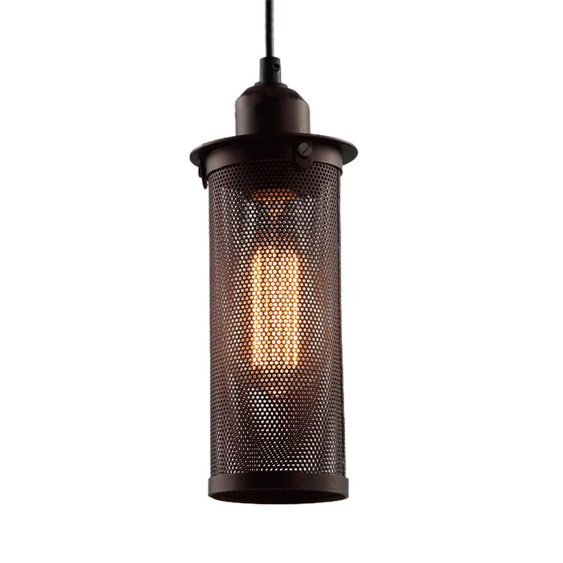 Metal Black/Rust Hanging Pendant Lamp Cylindrical 1 Head Industrial Ceiling Lighting with Mesh Cage Shade