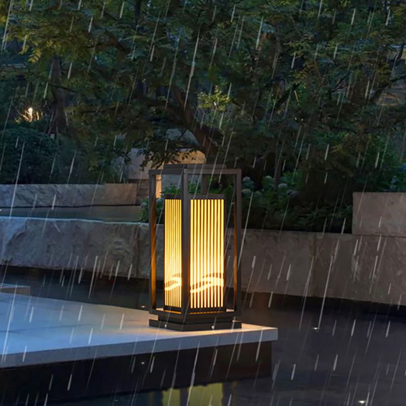 Rectangle Solar Pillar Lamp Contemporary Metal Outdoor Waterproof Light in Black