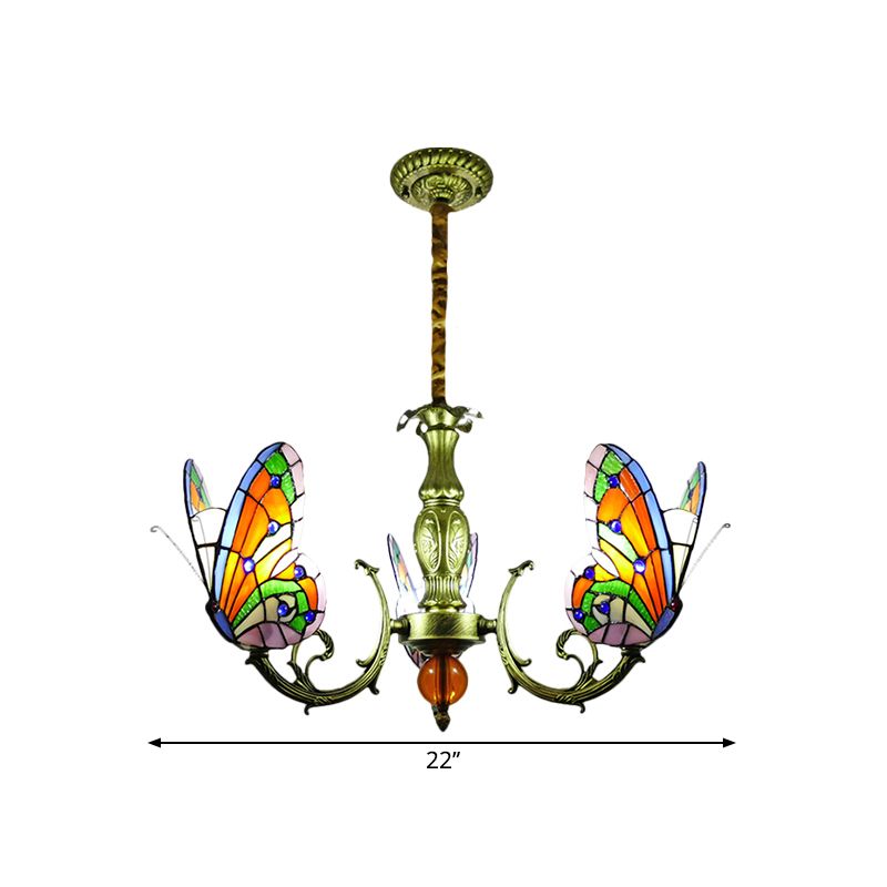 Butfly Taching Tloord Chandelier Lampe Tiffany 3/5 Bulbes Orange / Jaune et Green Suspension Lumière pour chambre à coucher