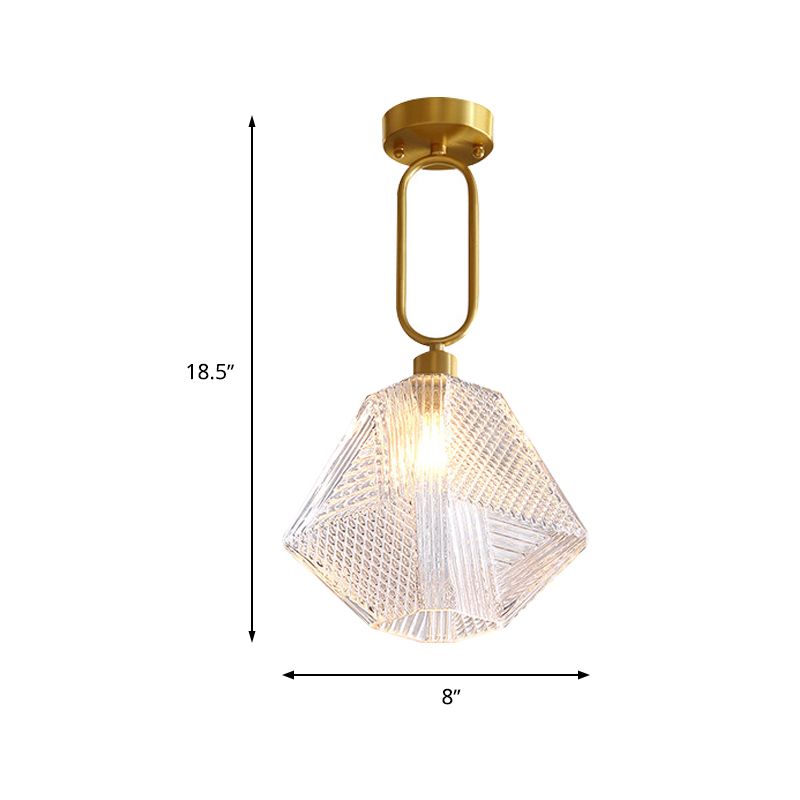 1 Bulb Hexagonal Semi Flush Light Minimalist Clear Prismatic Glass Ceiling Lamp Kit