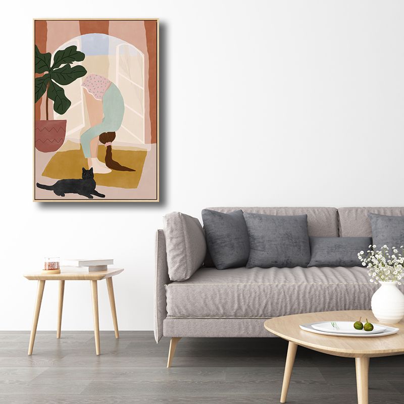 Pink Exercise Girl Canvas Minimalism Style Textured Wall Art Print for Living Room