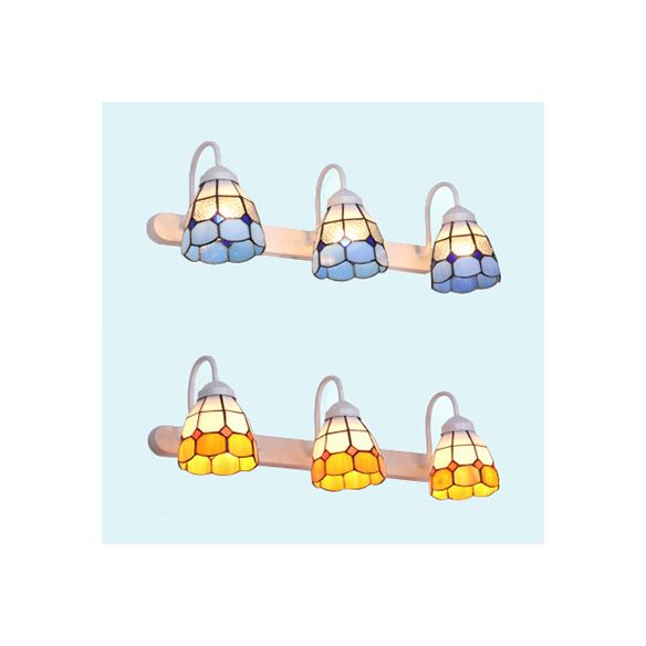 White 3 Heads Wall Light Fixture Tiffany Yellow/Blue Glass Grid Patterned Vanity Lighting