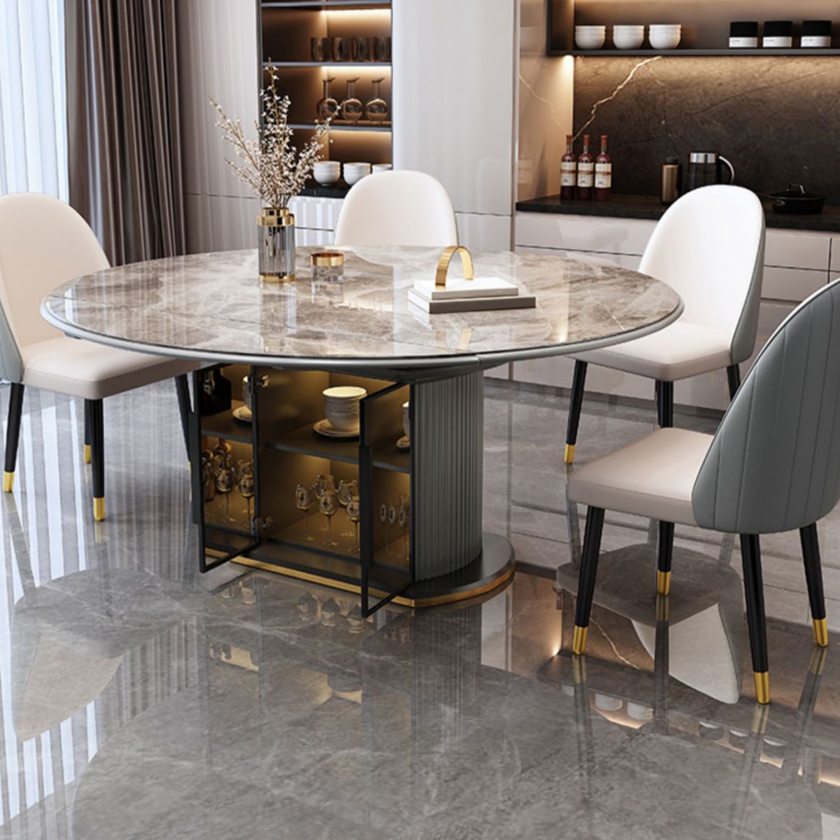 5/7 Pcs Contemporary Stone Round Shape Dinette Table with Upholstered Chair