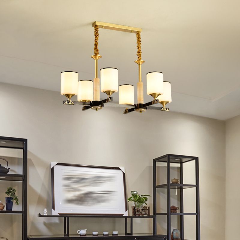 Modern Style Cylindrical Shape Island Lights White Glass 6-light Pendant Lights in Gold