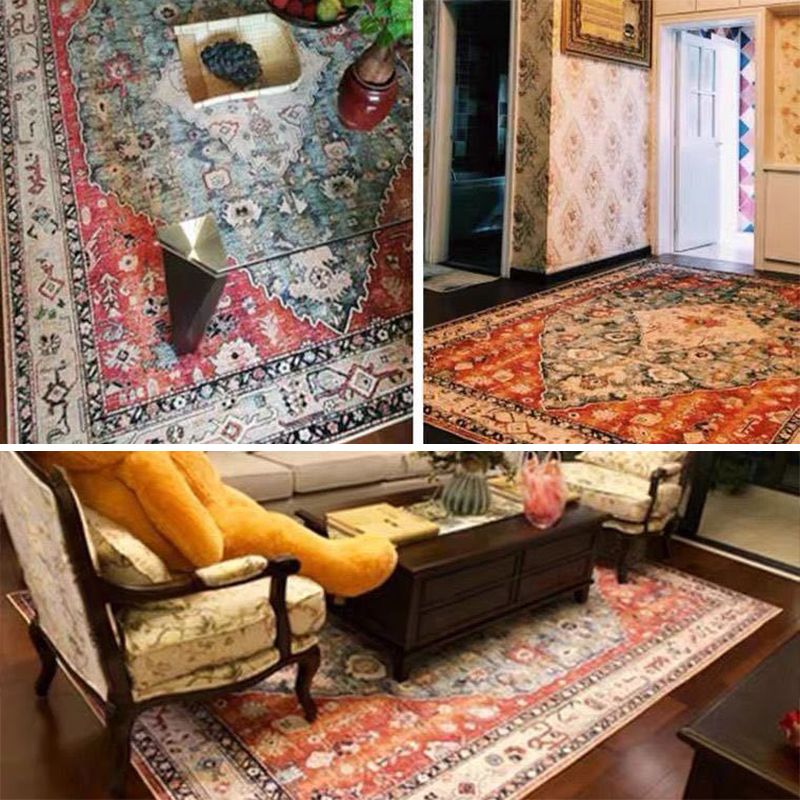 Retro Moroccan Print Area Carpet Red Tone Polyester Rug Washable Carpet for Home Decoration